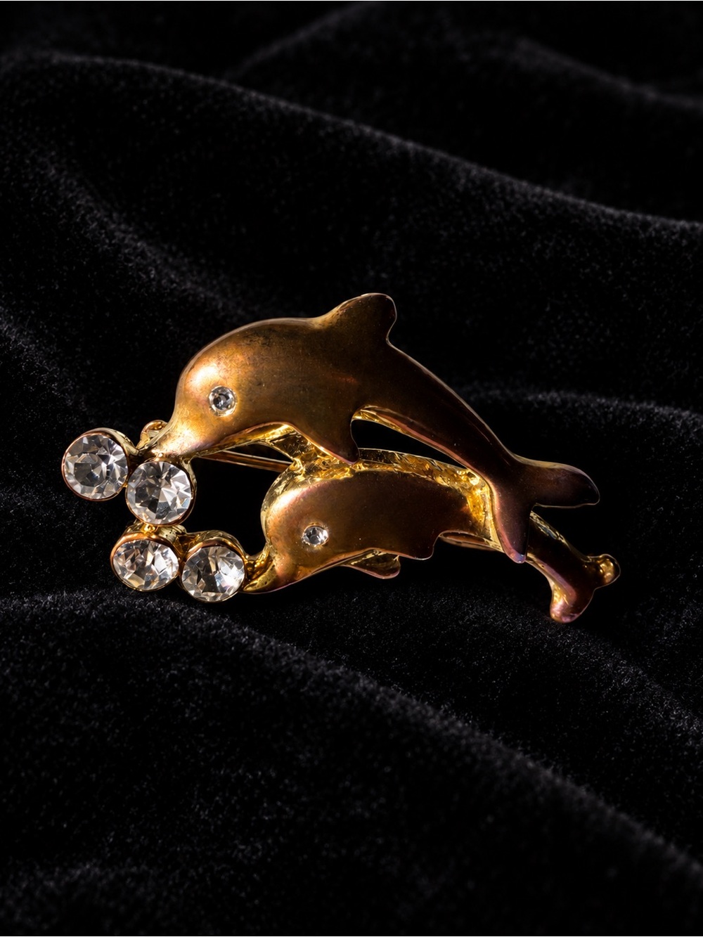 Gold Dolphin Mother and Baby Brooch with Bronze and Clear Crystal Accents